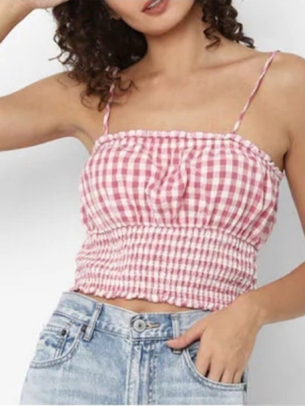 American Eagle Pink White Gingham Checked Smocked Crop Top Size Small